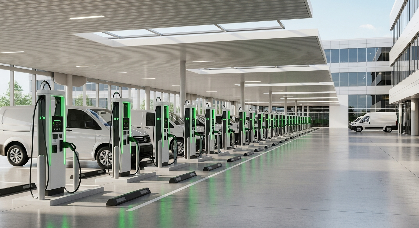 Electric vehicle charging stations at a corporate fleet depot