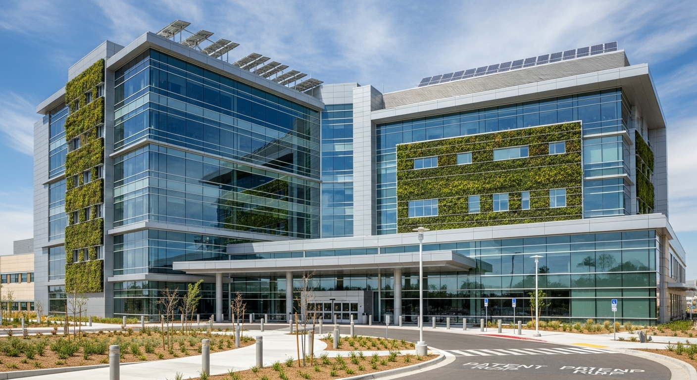 Modern hospital building with green energy-efficient design