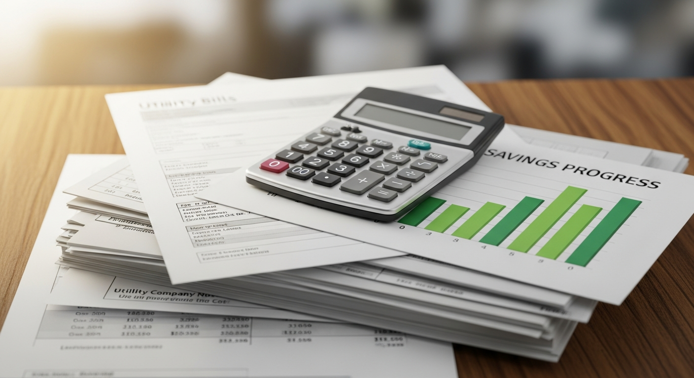 Utility bills and financial documents with savings charts